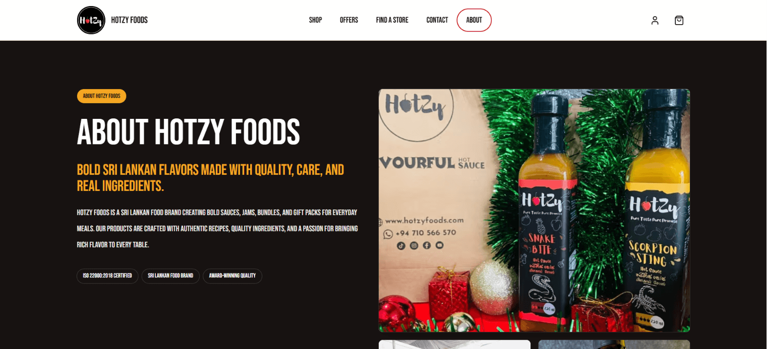 Hotzy Foods about page section with brand copy and sauce bottle photography.