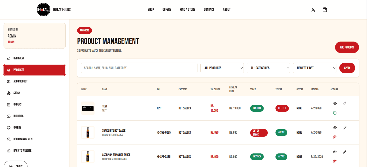 Hotzy Foods product management table with filters, product images, stock status, and admin actions.