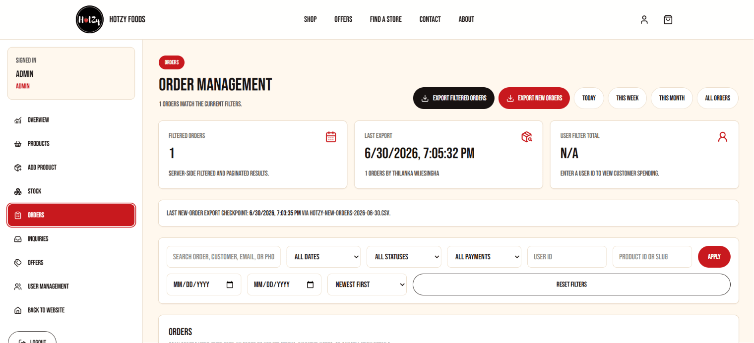 Hotzy Foods order management dashboard with export controls, filters, and order metrics.
