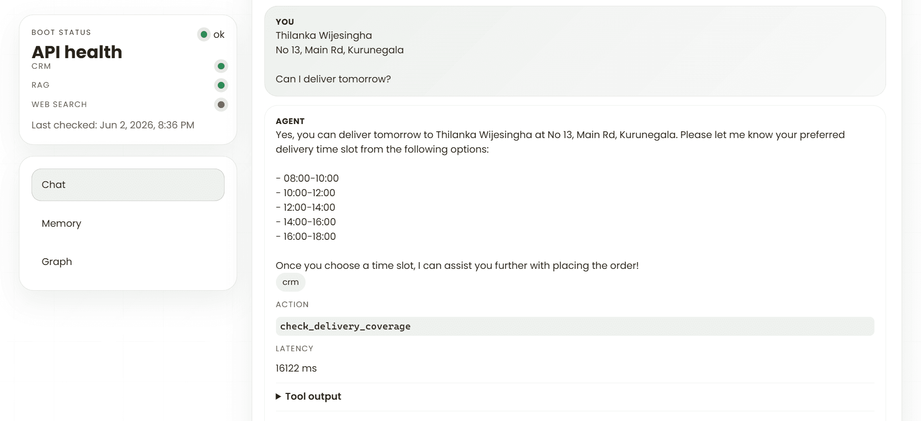 Gift concierge chat showing customer address details, delivery coverage confirmation for Kurunegala, and available delivery time slots.