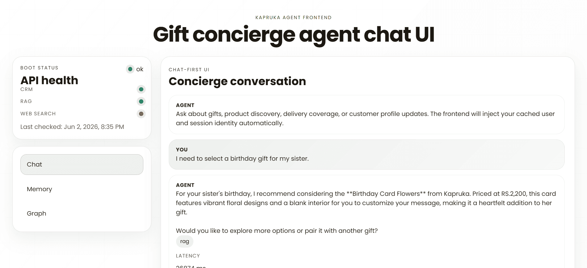 Gift concierge chat interface showing a user asking for a birthday gift and the agent recommending a Kapruka birthday card product.