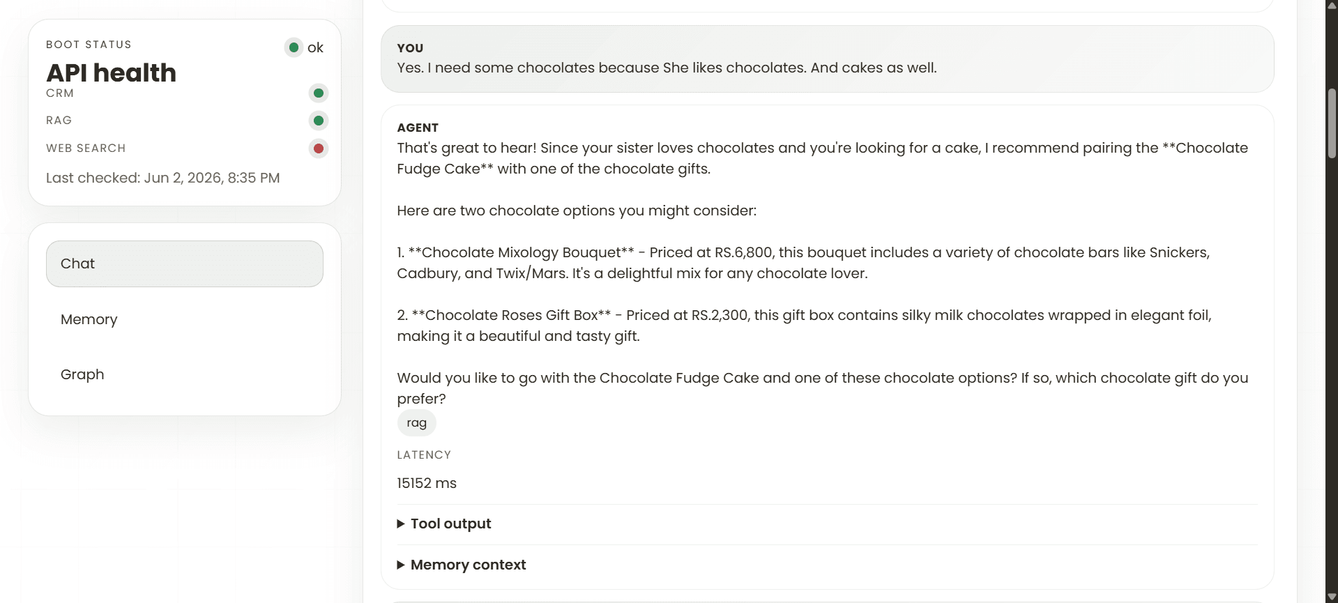 Gift concierge chat showing chocolate and cake recommendations after the user adds recipient preferences.