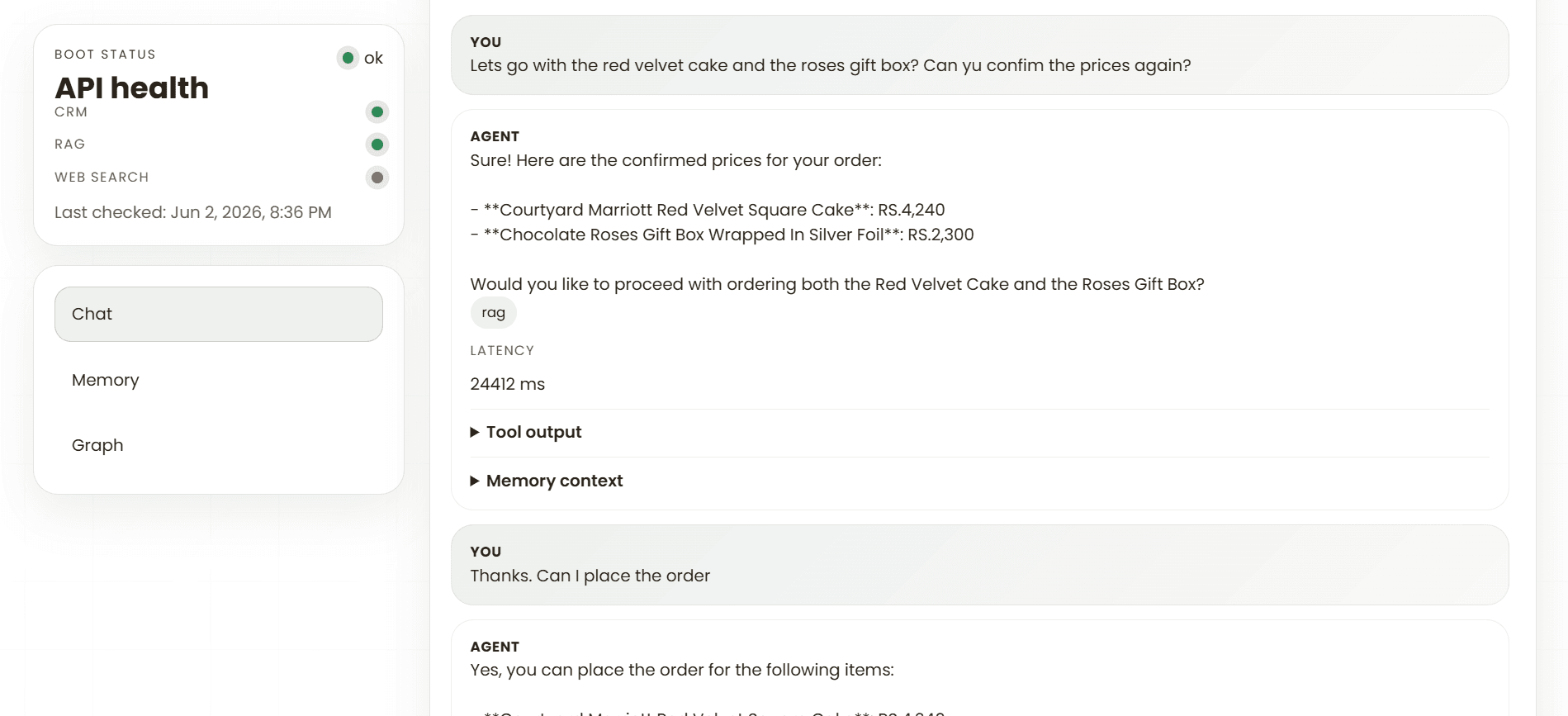 Gift concierge chat confirming the prices of a red velvet cake and chocolate roses gift box.