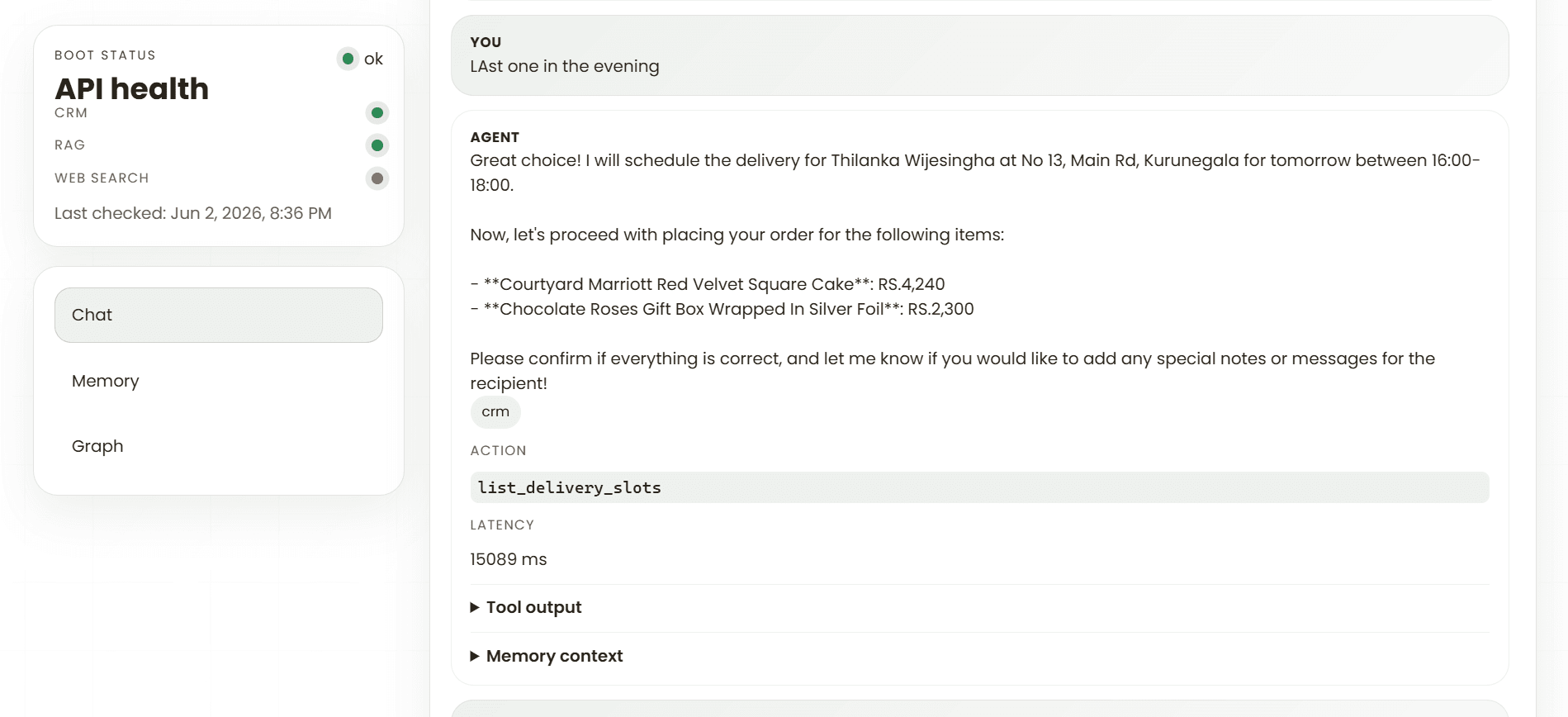 Gift concierge chat confirming the evening delivery slot from 16:00 to 18:00 and restating the selected order items.