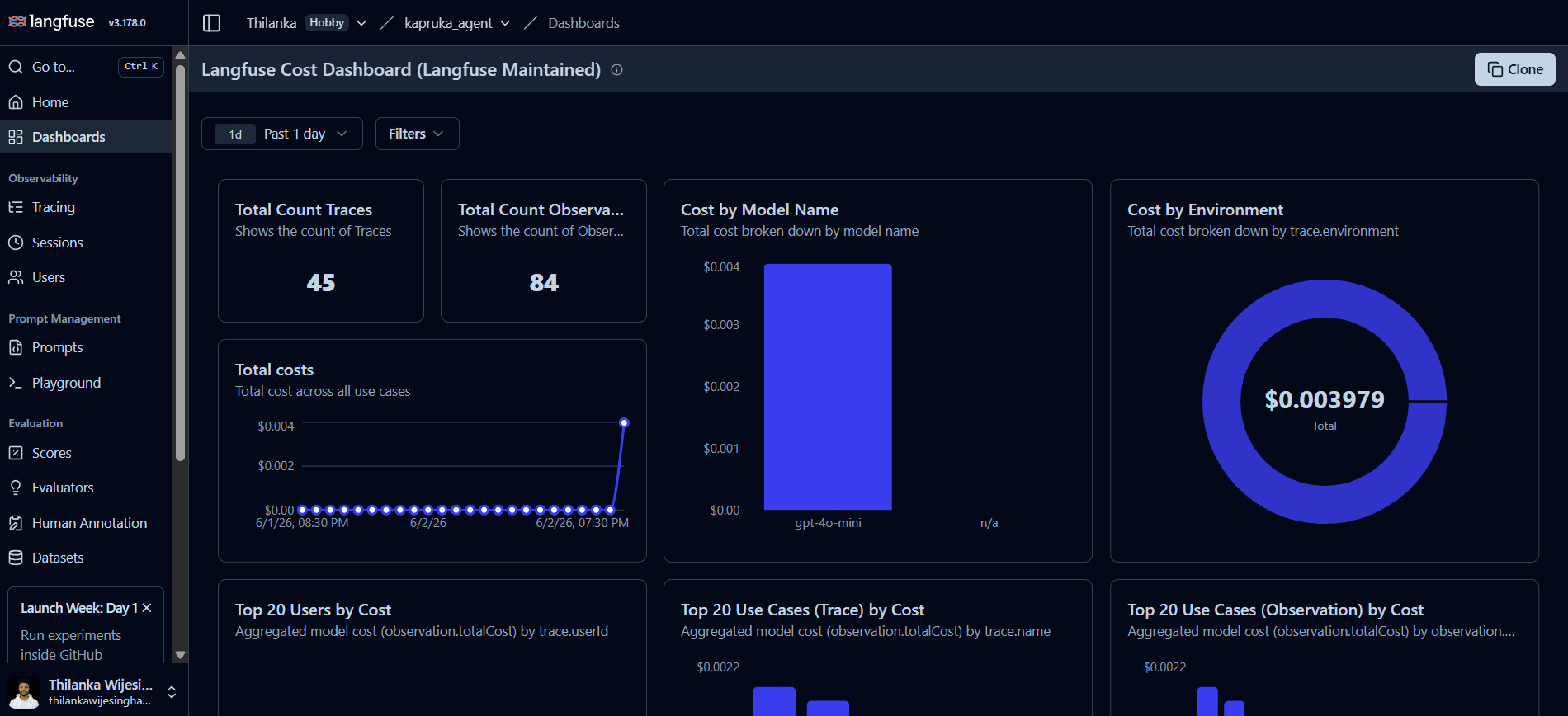 Langfuse cost dashboard showing total trace count, observation count, total model costs, cost by model, cost by environment, and use-case charts.