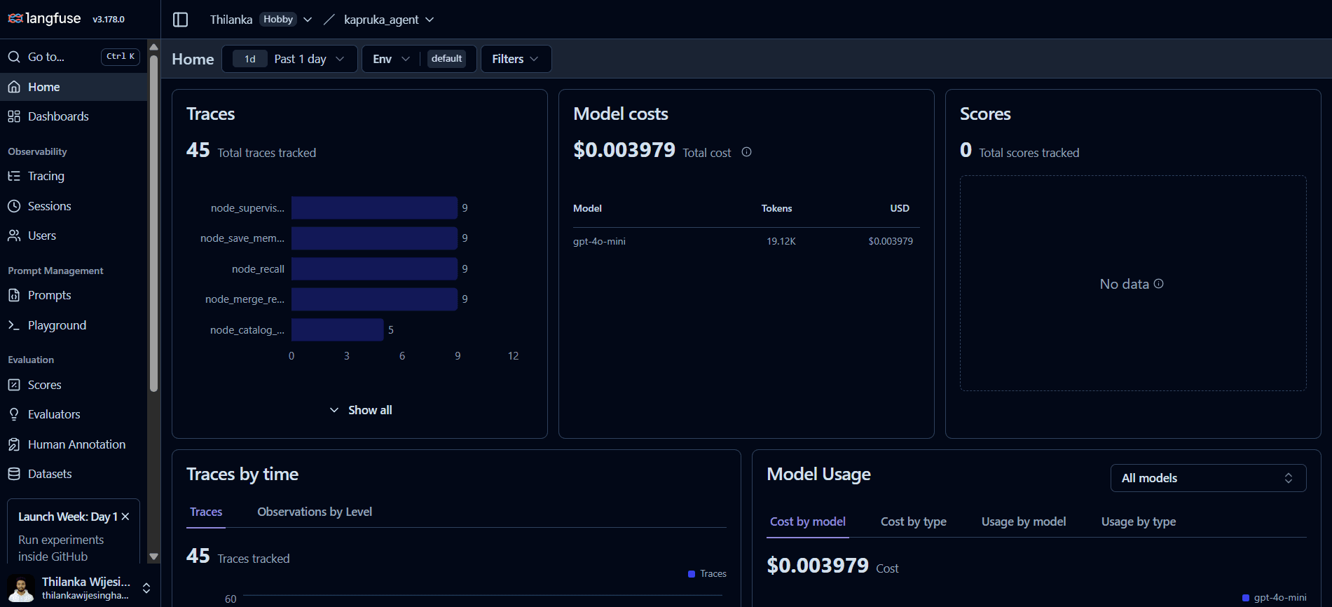 Langfuse home dashboard displaying 45 traces, GPT-4o-mini token usage, total model cost, trace counts by graph node, and model usage charts.
