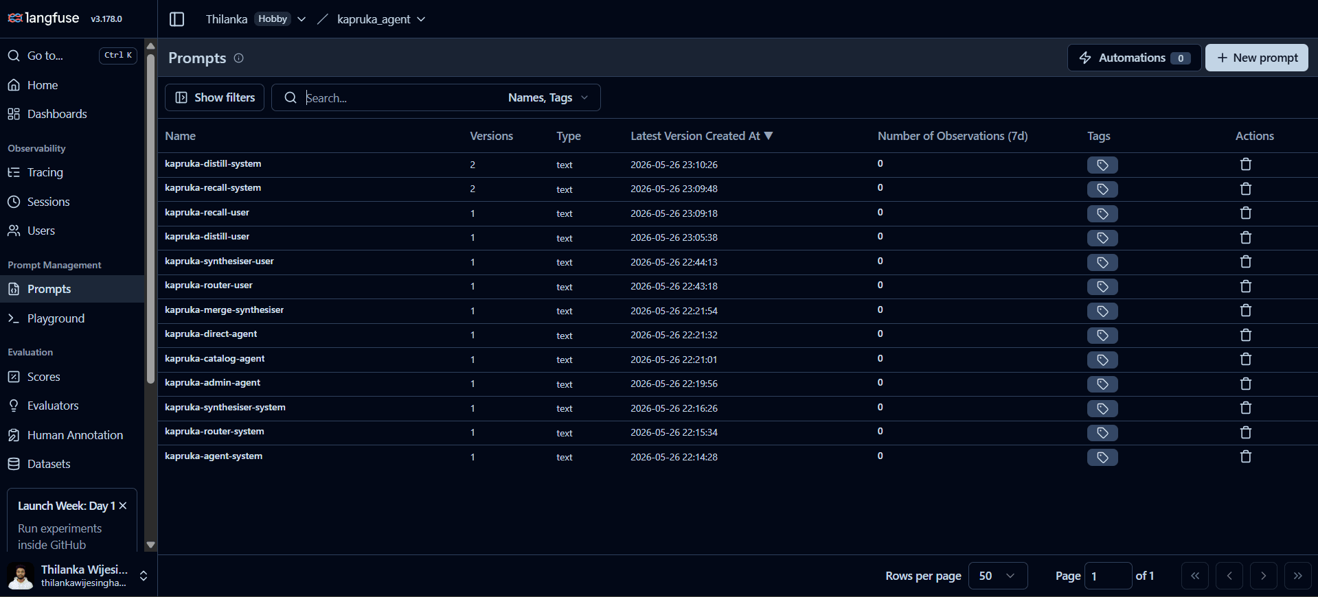 Langfuse prompt management screen listing versioned Kapruka router, recall, catalogue, synthesiser, direct-agent, and memory prompts.