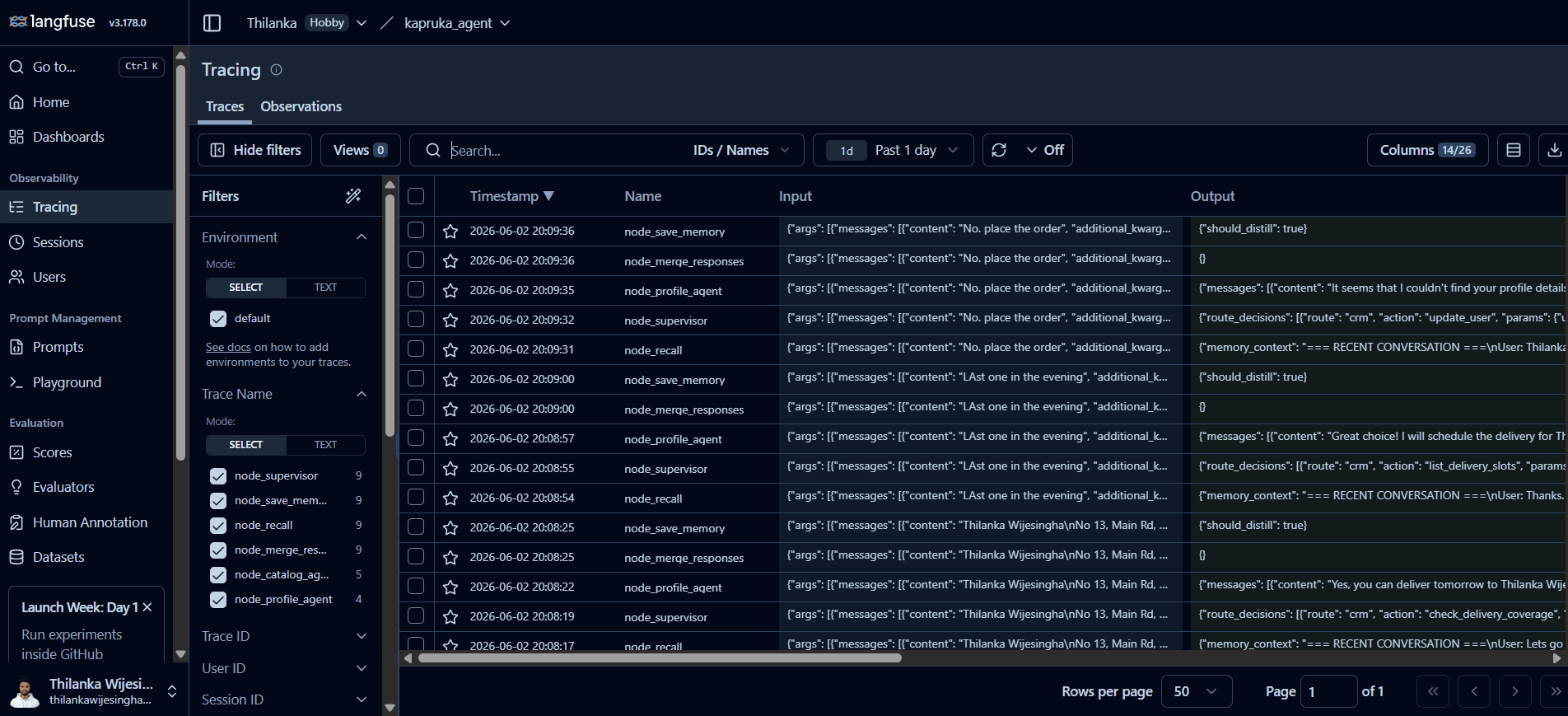 Langfuse tracing table listing recall, supervisor, profile agent, catalogue agent, response merge, and memory nodes with request inputs and outputs.