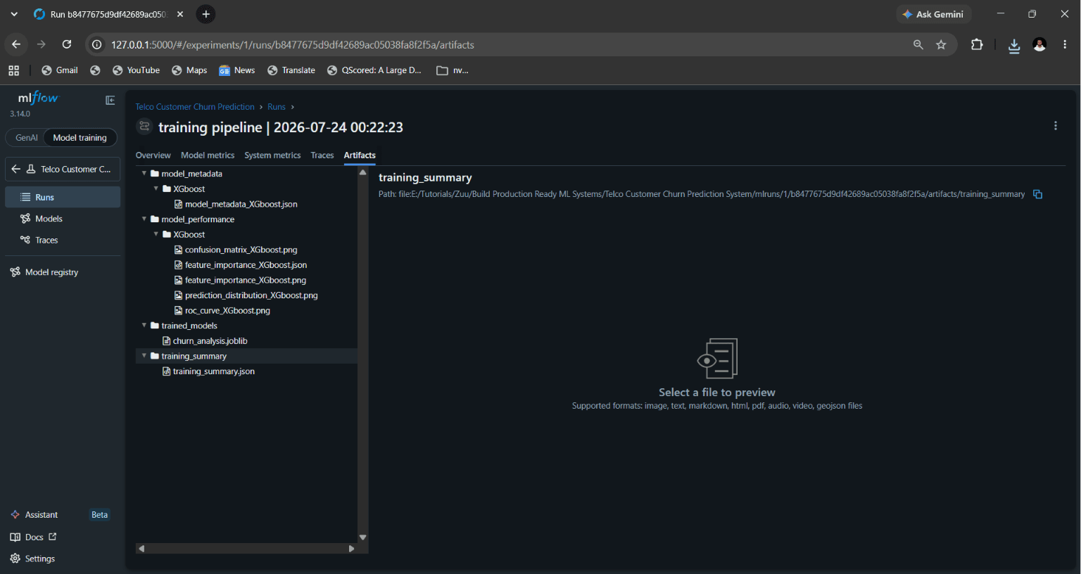 Training pipeline artifacts screenshot showing generated outputs for the telco churn prediction workflow.